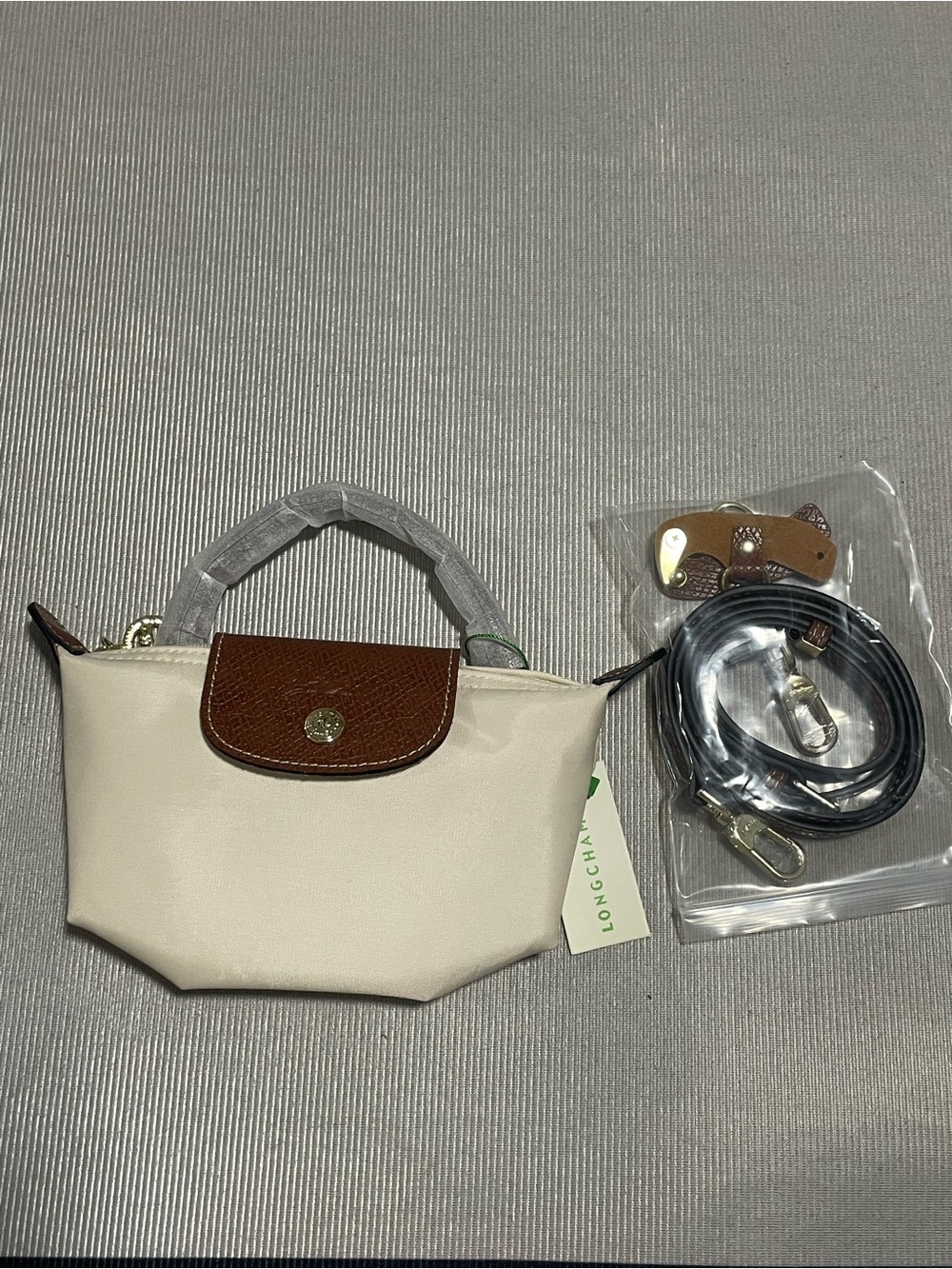 Longchamp Cream Mini Handbag with Brown Leather Flap